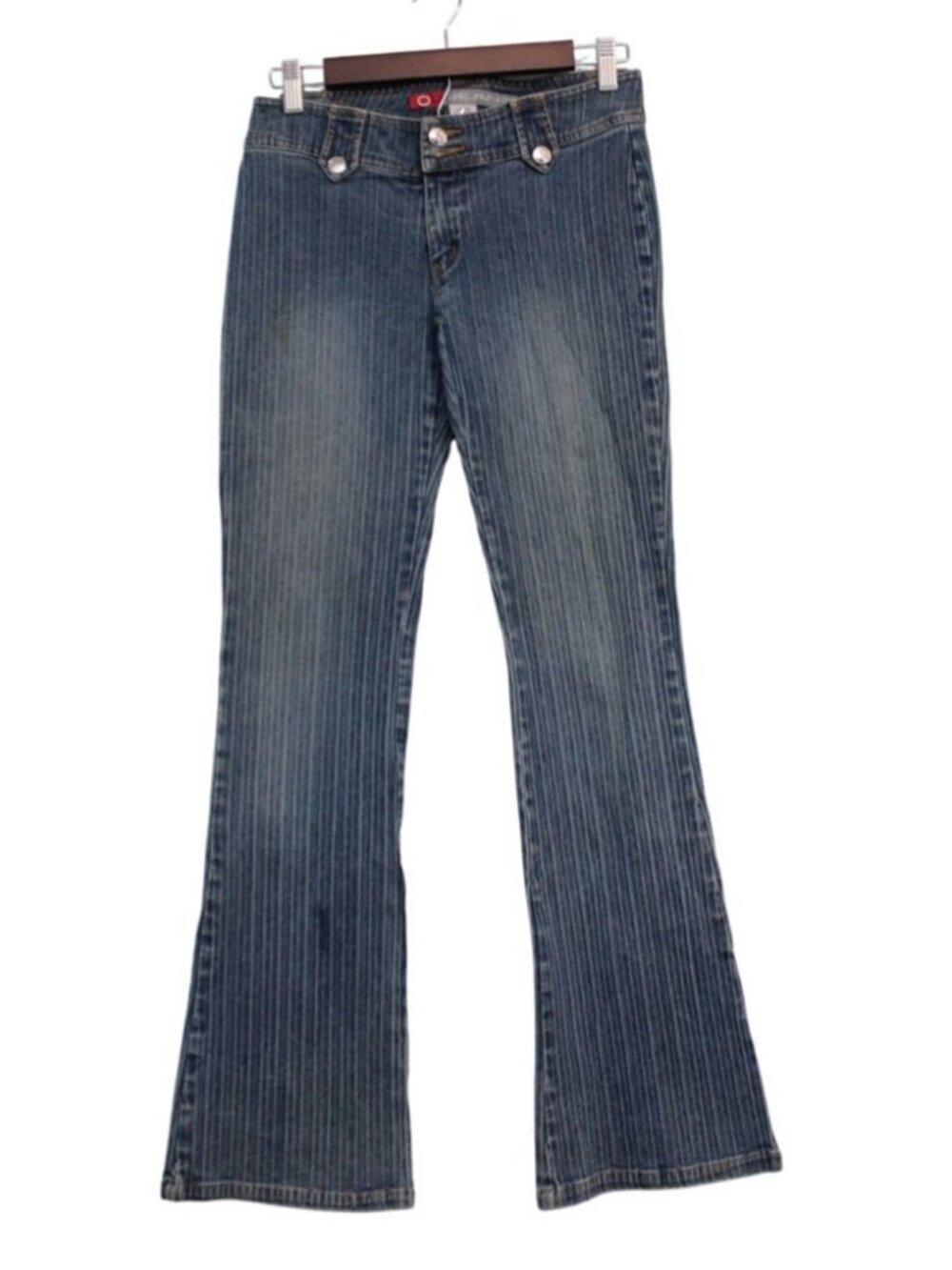 Y2K Flare Jeans Size 7 / 8 Ribbed Denim Low Rise Retro Festival Ramie Stretch